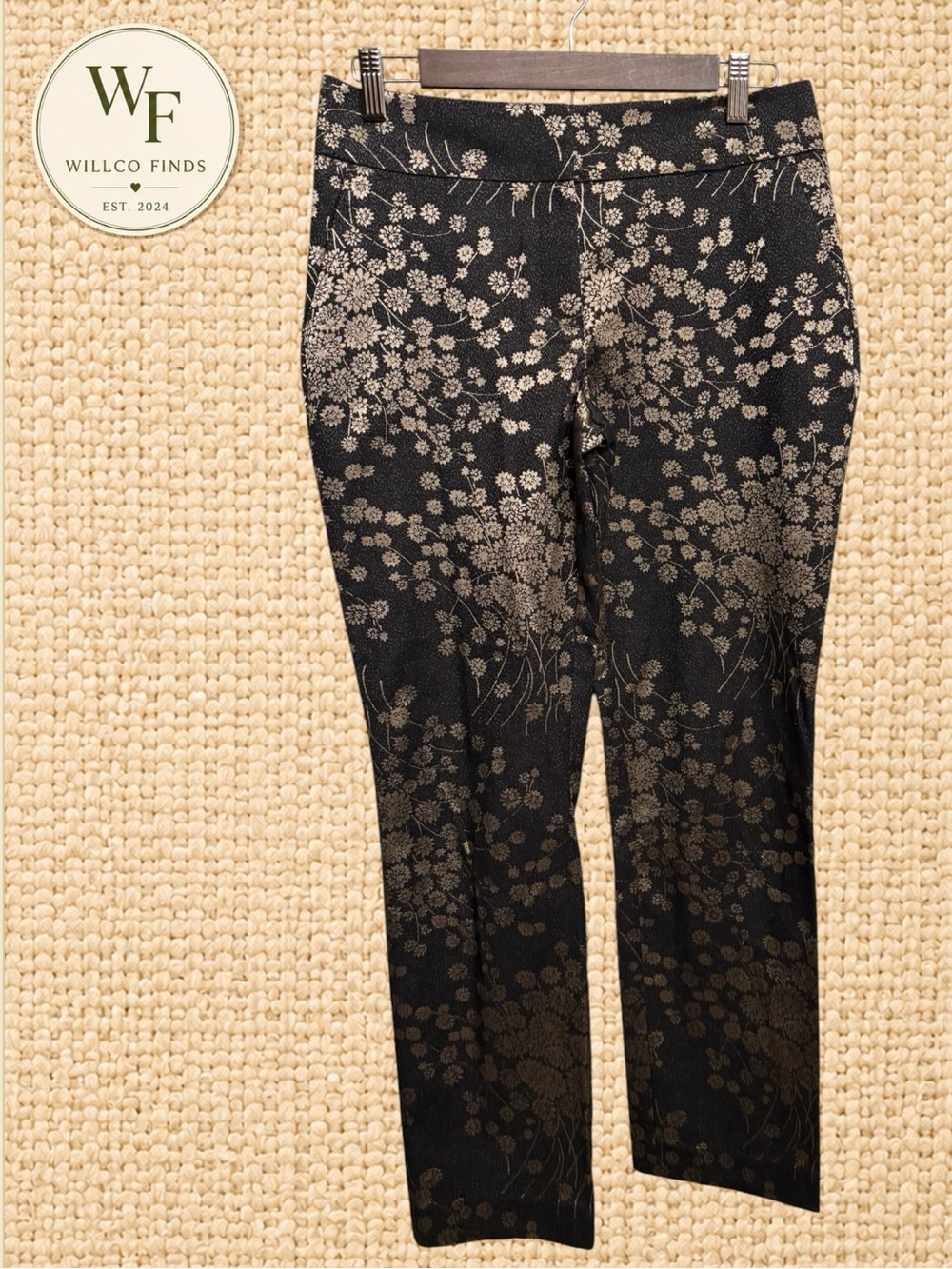 Ann Taylor Factory Signature Black Gold Floral Jacquard Ankle Pants Size 2
